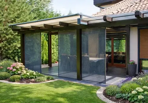 Insect screens fitted to a veranda, viewed from the outside in a green garden