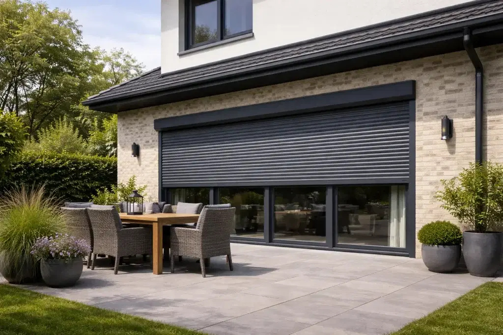 Halb geschlossene Rollläden für vier Fenster im Erdgeschoss mit Terrasse im Vordergrund