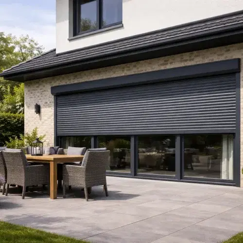 Volets roulants à demi fermés pour quatre fenêtres du rez-de-chaussée, avec une terrasse au premier plan