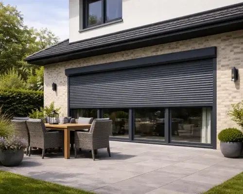 Halb geschlossene Rollläden für vier Fenster im Erdgeschoss mit Terrasse im Vordergrund